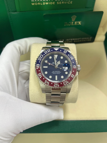 Super Clone Rolex GMT-Master II 126719BLRO replica with Pepsi bezel, blue dial, white gold case, and Oyster bracelet – Swiss 1:1 GMT watch