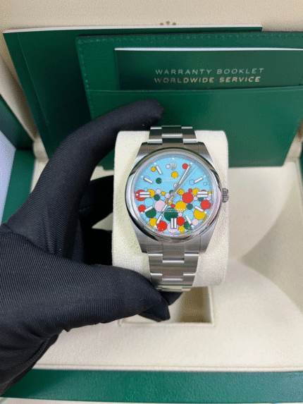 Super Clone Rolex Oyster Perpetual 41mm Celebration Dial with Turquoise and Colorful Bubbles – Ref 124300