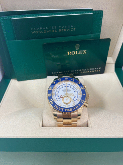 Rolex Yacht-Master II yellow gold replica with white Mercedes dial and blue bezel