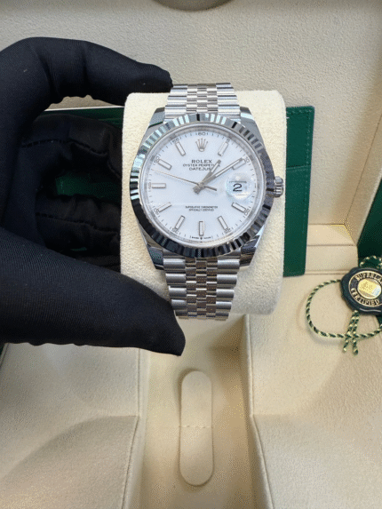 Super Clone Rolex Datejust 41 with White Dial, Fluted White Gold Bezel, and Jubilee Bracelet – Ref# 126334