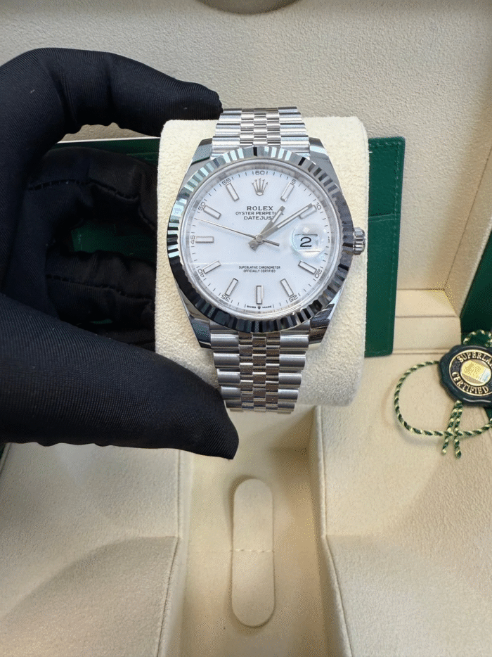 Super Clone Rolex Datejust 41 with White Dial, Fluted White Gold Bezel, and Jubilee Bracelet – Ref# 126334