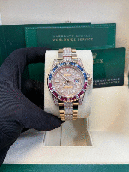 Super Clone Rolex GMT-Master II SARU 126755SARU with full diamond dial & bracelet, ruby & sapphire bezel – Everose gold luxury replica