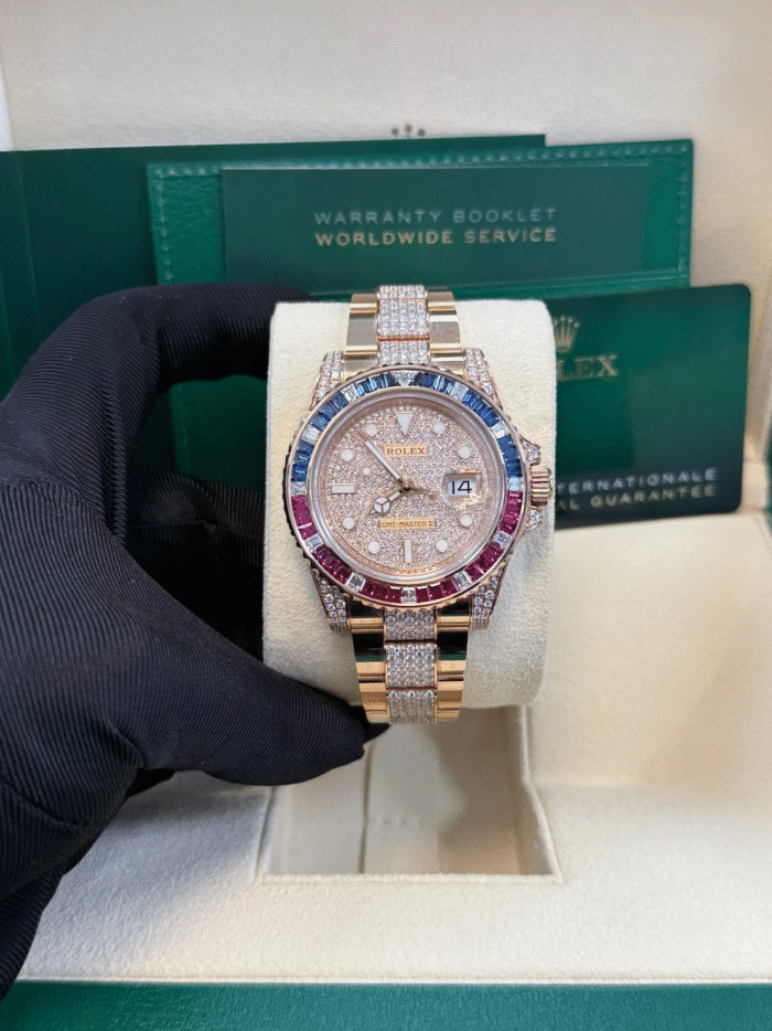 Super Clone Rolex GMT-Master II SARU 126755SARU with full diamond dial & bracelet, ruby & sapphire bezel – Everose gold luxury replica