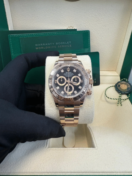 Super Clone Rolex Daytona 116505 replica in Everose gold with chocolate dial, diamond hour markers, and Oyster bracelet – 1:1 Swiss Daytona clone