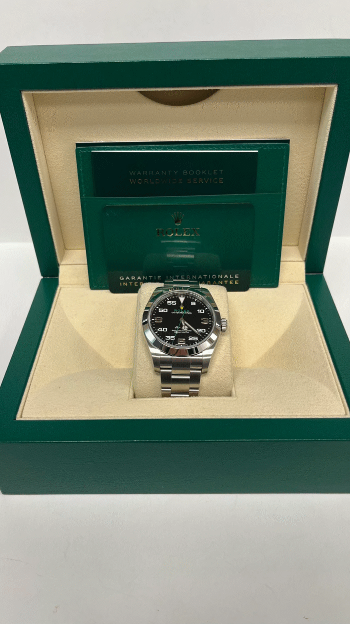 Super Clone Rolex Air-King 116900 replica watch with black dial and stainless steel case