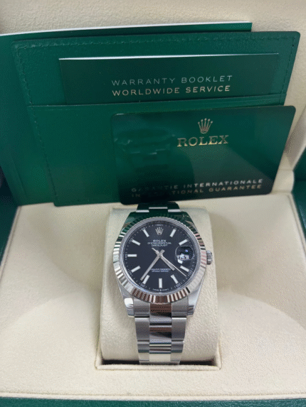 Super Clone Rolex Datejust 41 with Black Dial, White Gold Fluted Bezel, and Oyster Bracelet – Ref# 126334